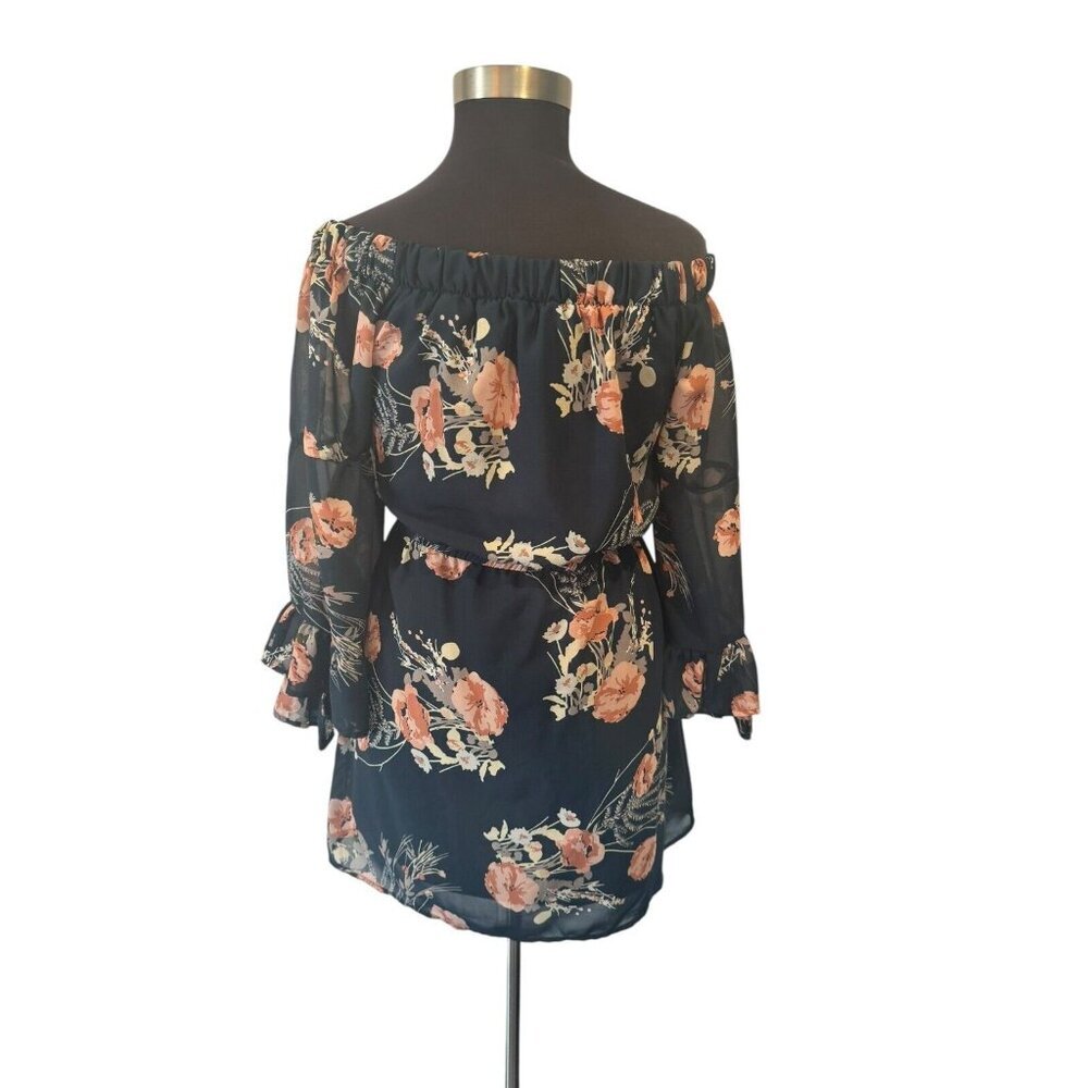 Indulge Blue Floral‎ Dress Size XL off Shoulder Mini Dress Lined sheer boho - Picture 5 of 11